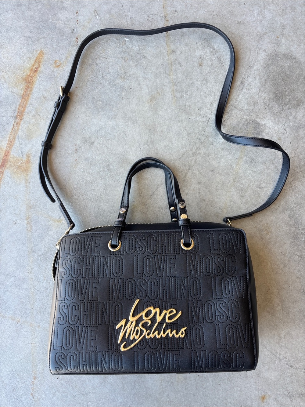 Love Moschino Black Embossed Logo Satchel Crossbody Bag Y2K Designer Glam